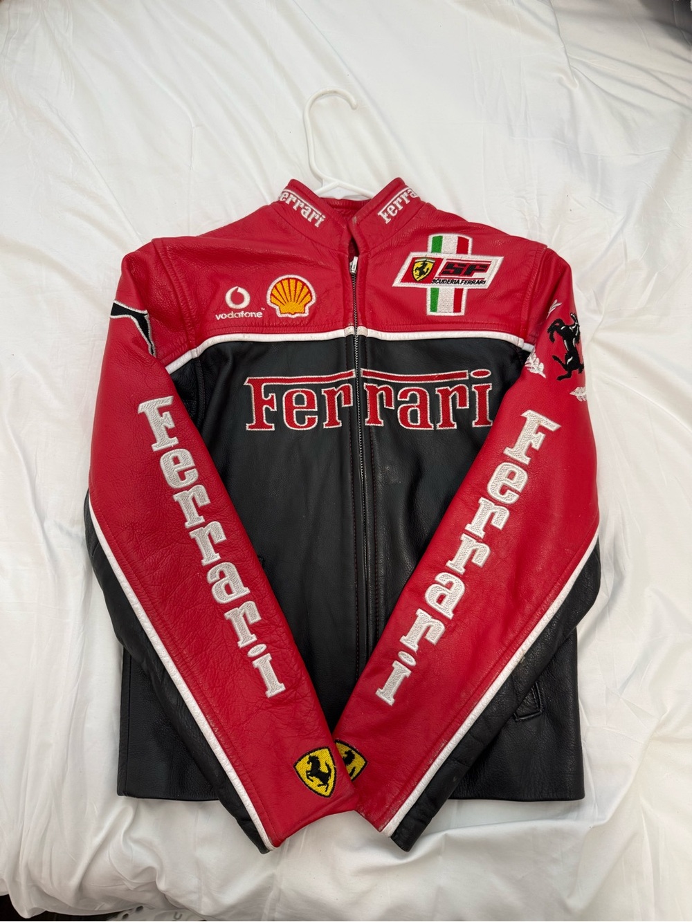 Ferrari Red and Black Motorsport Leather Bomber Jacket